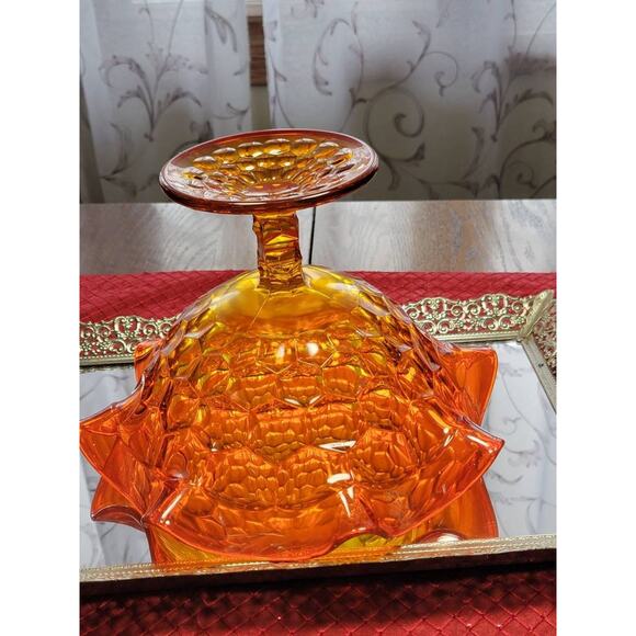 Vintage Viking Georgian Compote, Ruffled Large Persimmon Orange Art Glass Bowl - Picture 3 of 4